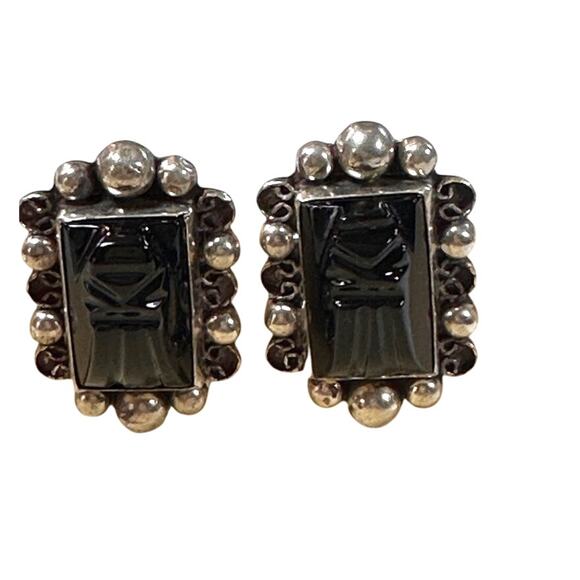 Mexican Sterling Silver Earrings with Black Onyx Carved Faces - Very Old Vintage - Picture 1 of 8